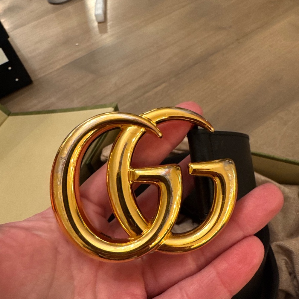 Gucci Black Belt with Gold GG Buckle- fits a size 26/27 waist